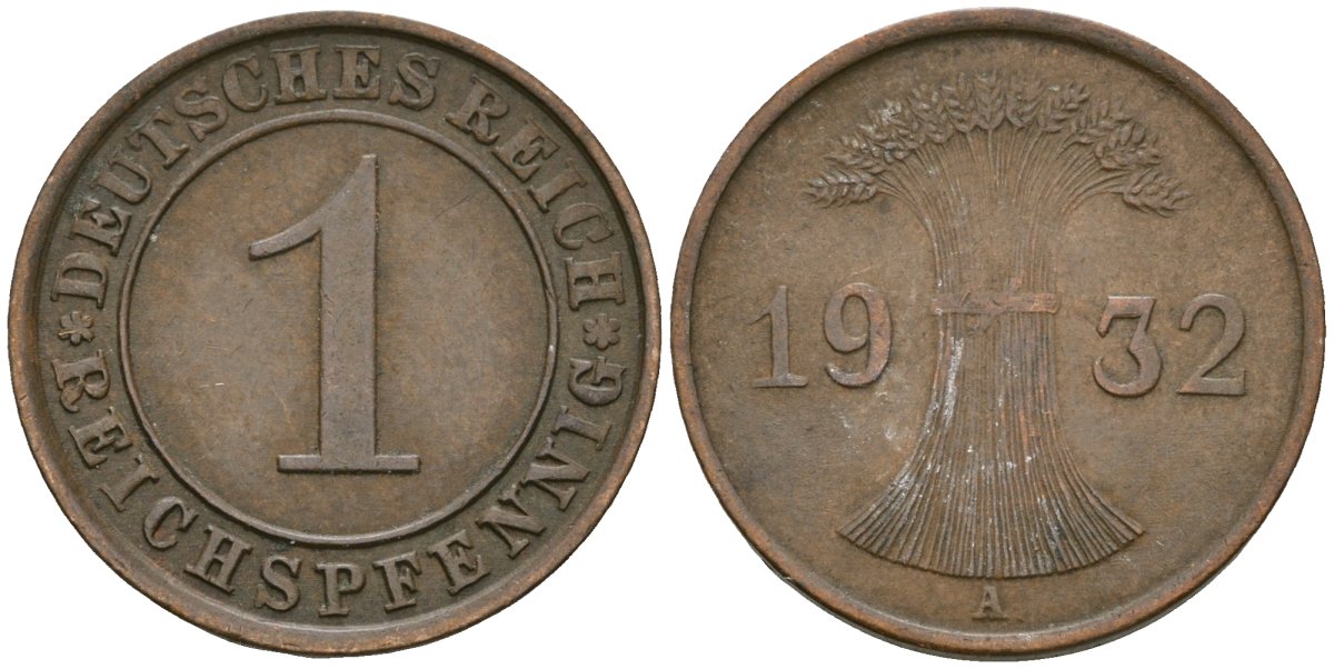 Германия 1 рейхспфенниг 1932 A KM 37, J. 313 бронза 4189-1147