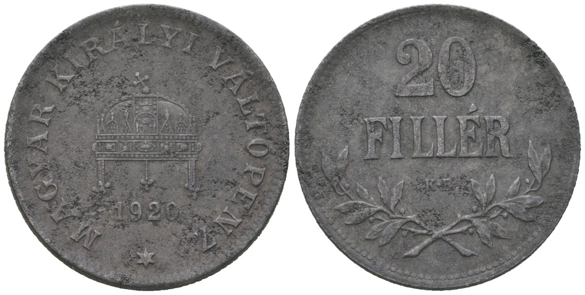 Венгрия 20 филлеров 1920 КВ, редкий год KM 498 железо 4147-735