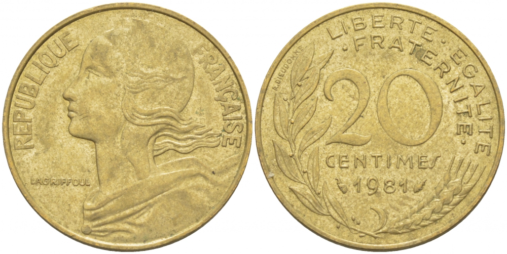 ФРАНЦИЯ 20 САНТИМОВ 1981 KM 930 медь алюминий никель 4402-1011