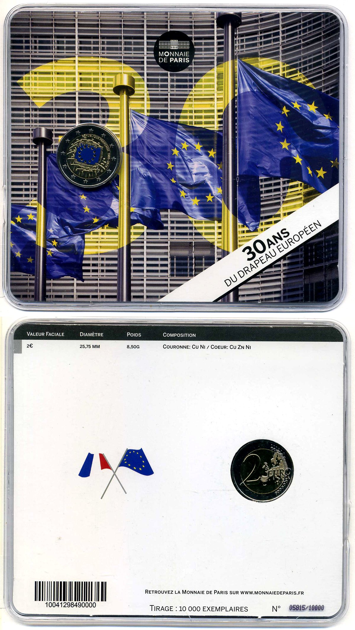 Франция 2 евро 2015 30 лет флагу европейского союза, цветная эмаль, буклет, пластик, запайка KM 220 биметалл BUNC 966-5-1