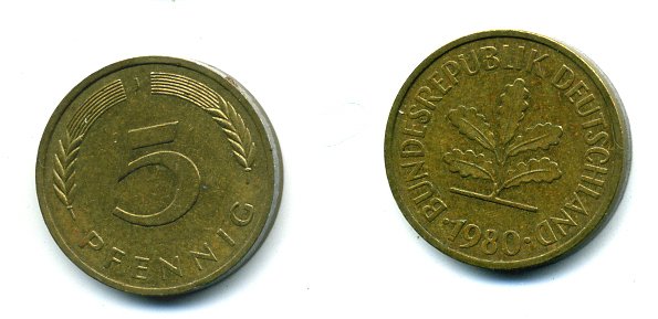 ФРГ 5 ПФЕННИГОВ 1980 J KM 107, J 382 сталь плакированная латунью 46-265