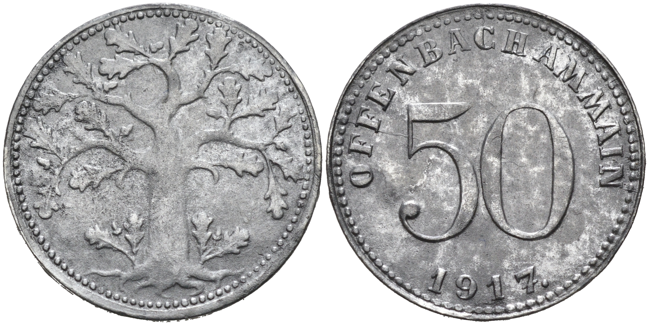 ОФЕНБАХ-НА-МАЙНЕ 50 ПФЕННИГОВ 1917 НОТГЕЛЬД цинк 75-1549