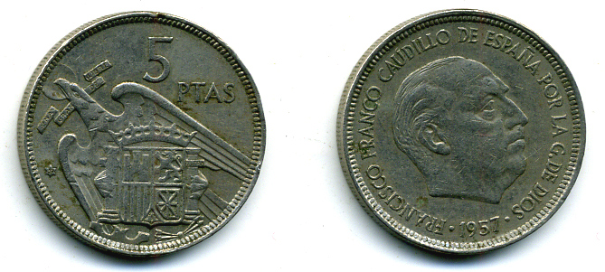 ИСПАНИЯ 5 ПЕСЕТ 1957 (59) ФРАНСИСКО ФРАНКО ДИКТАТОР ИСПАНИИ (1939-1975) KM 786 медно-никель 56-931
