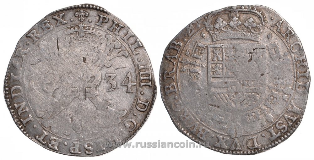Нидерланды Испанские 1 патагон 1634 Филипп IV (1621-1665) De Mey 242 серебро 650-422