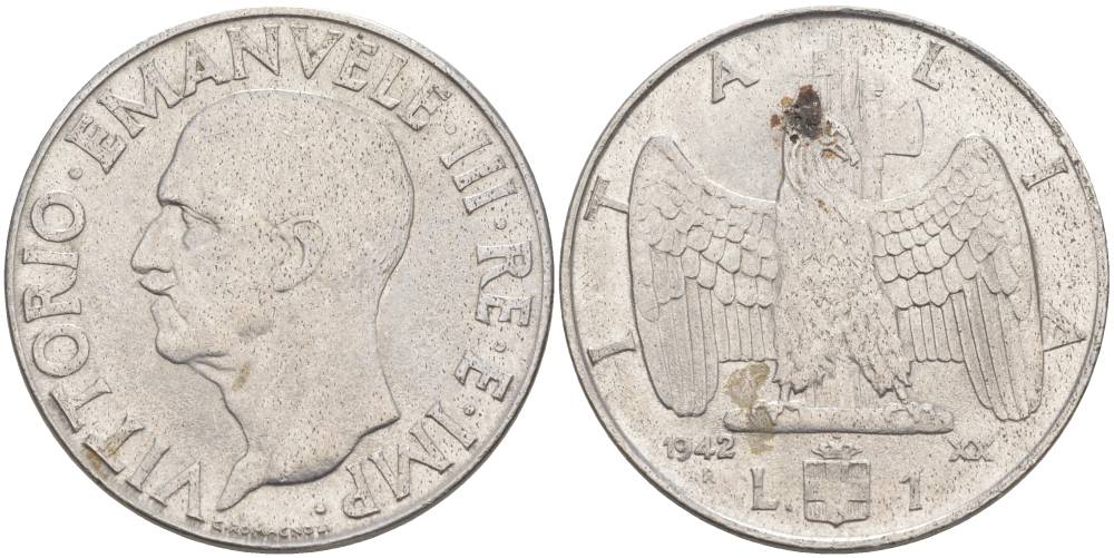 ИТАЛИЯ 1 ЛИРА 1942 R, ГОД XX, ВИКТОР ЭММАНУИЛ III (1900-1946) KM 77b, VEM3. 1102 нержавеющая сталь 3855-521