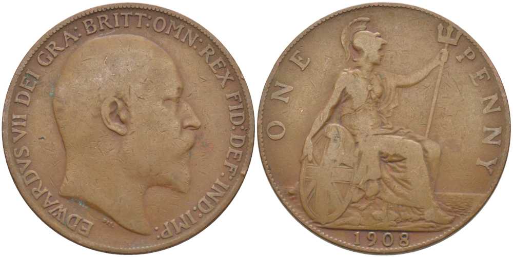 Великобритания 1 пенни 1908 Эдуард VII (1901-1910) KM 794.2, Spink 3990 бронза 109-536