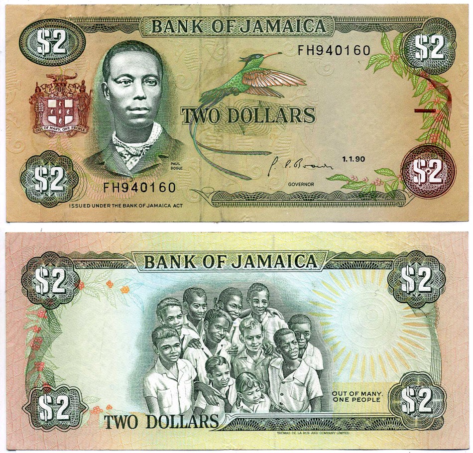 Ямайка 2 доллара 1990 1 января 1990, ПОЛ БОГЛЕ Pick 69d бумага 6299-24-2-2