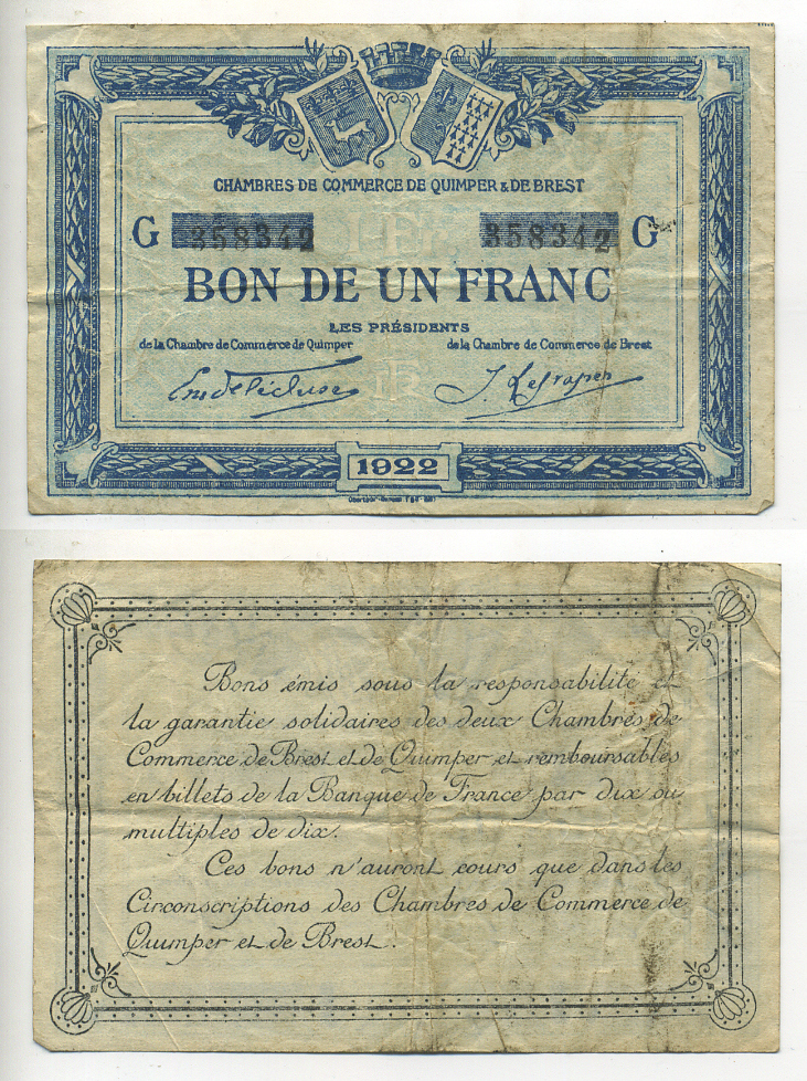 ФРАНЦИЯ 1 ФРАНК 1922 РЕГИОНАЛЬНЫЙ БОН ГОРОДОВ КЕМПЕР И БРЕСТ бумага 7552-29-2