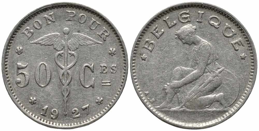 БЕЛЬГИЯ 50 САНТИМОВ 1927 BELGIQUE KM 87 никель 112-437