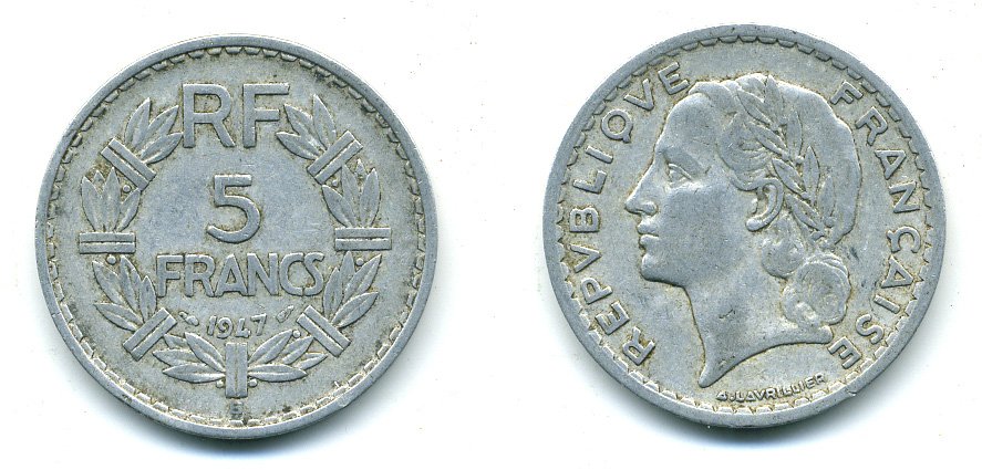 Франция 5 франков 1947 B, открытая 9, тип Лаврийе KM 888b.2, Le Franc 339.11 алюминий 25-642
