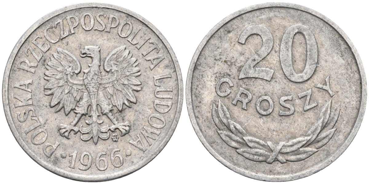 Польша 20 грошей 1966 MW, Народная Республика KM А47, Parchimowicz 208f алюминий 4580-646