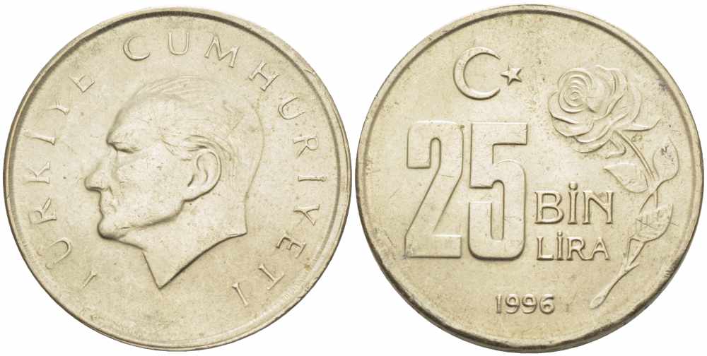 Турция 25000 лир 1996 Мустафа Кемаль Ататюрк KM 1041 медь никель цинк 62-731