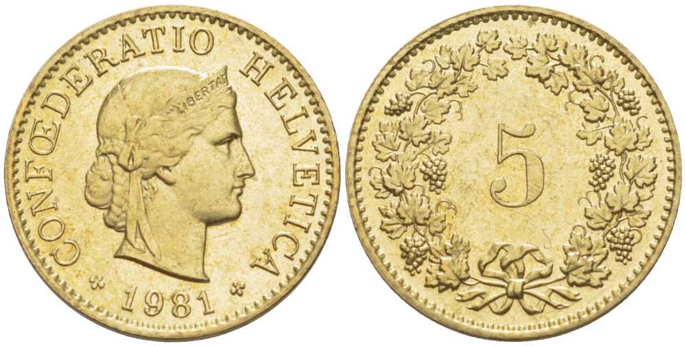 Швейцария 5 раппенов 1981 KM 26с алюминий латунь 4396-363