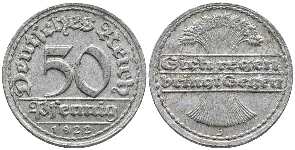 ГЕРМАНИЯ 50 ПФЕННИГОВ 1922 D KM 27, J. 301 алюминий 24-1055