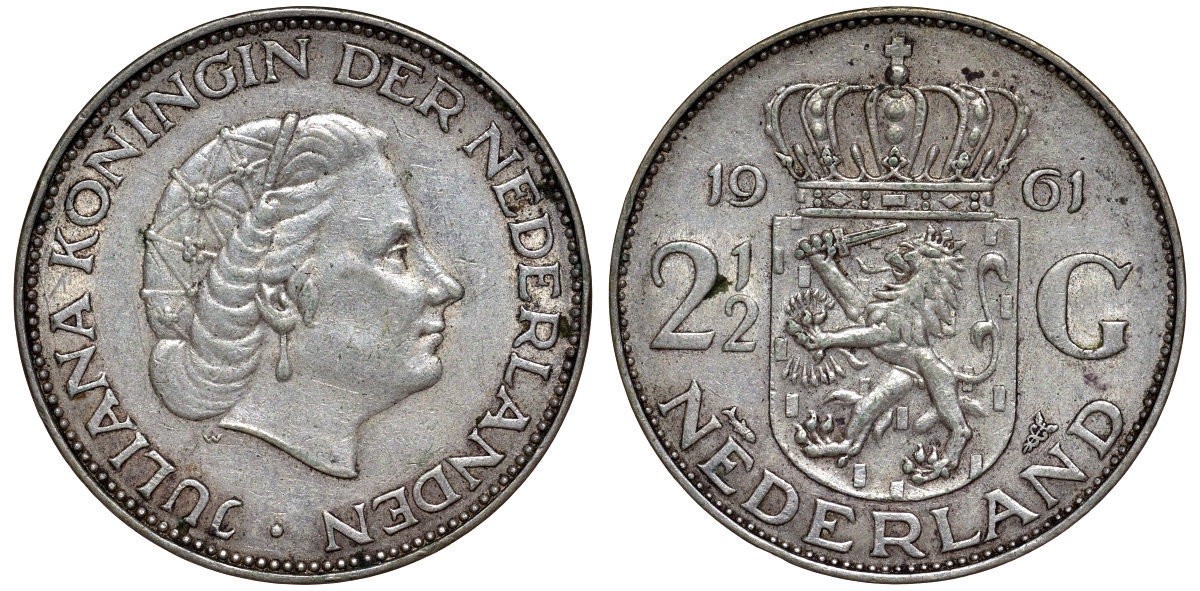 Нидерланды 2 1/2 гульдена 1961 Юлиана (1848-1980) KM 185 серебро    1530-1045