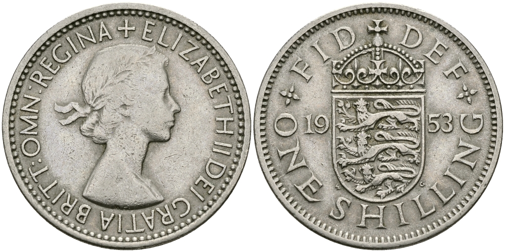 Великобритания 1 шиллинг 1953 Елизавета II (1952-2022), Английский герб KM 890, Spink 4139 медно-никель 94-533