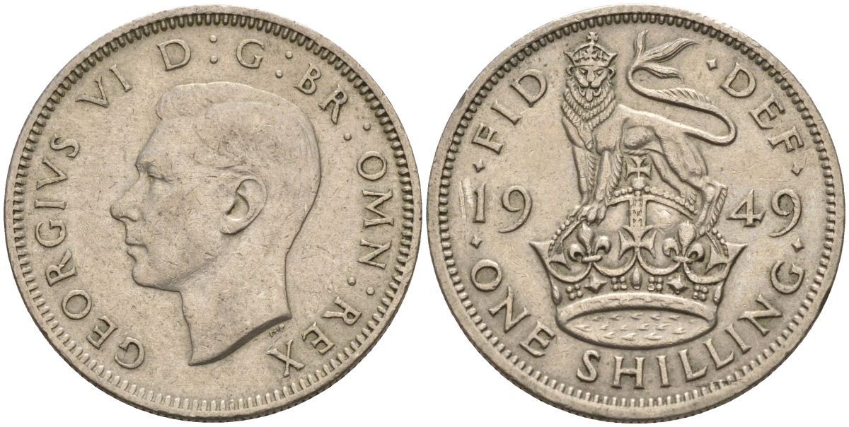 Великобритания 1 шиллинг 1949 Георг VI (1936-1952), Английский шиллинг KM 863, Spink 4103 медно-никель 4153-854