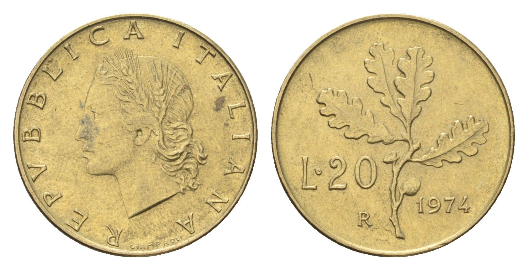 Италия 20 лир 1974 R, дубовые листья KM 97 алюминиевая бронза 4705-161