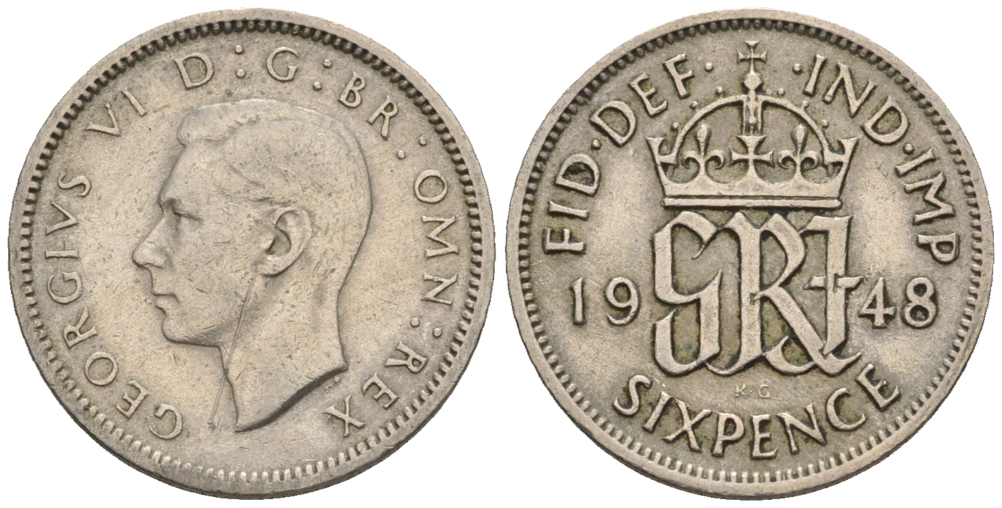 Великобритания 6 пенсов 1948 Георг VI (1936-1952) KM 862, Spink 4105 медно-никель 4609-1121