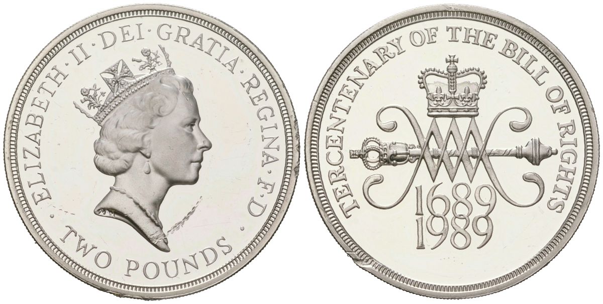 Великобритания 2 фунта 1989 Елизавета II (1952-2022), 300 лет "Биллю о правах" Англии KM?960a, Spink?K2 серебро PROOF 1531-1133