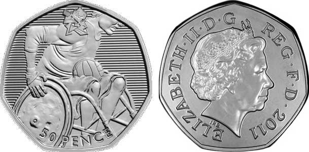 Великобритания 50 пенсов 2011 XXX летние Олимпийские игры в Лондоне в 2012 году, регби на колясках, в оригинальном картонном буклете, с Олимпийской голограммой (28/29) KM 1187 медно-никель  UNC  3-6-6-20