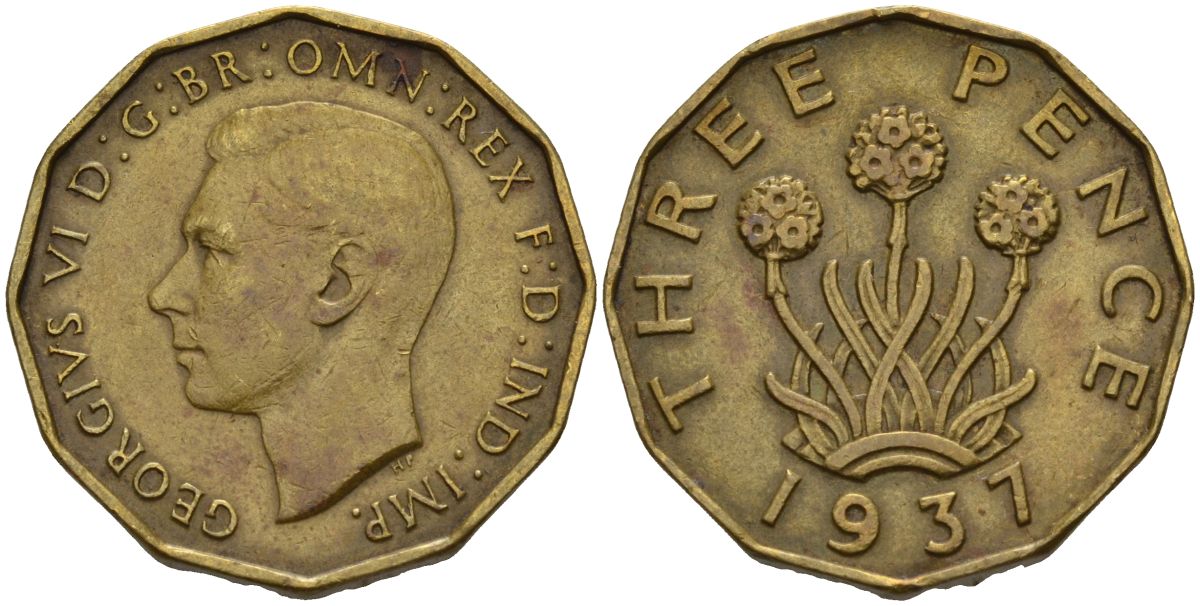 Великобритания 3 пенса 1937 Георг VI (1936-1952) KM 849, Spink 4112 никель латунь 4153-716