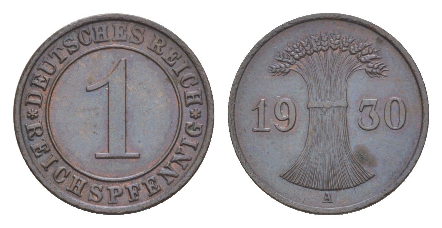 Германия 1 рейхспфенниг 1930 A KM 37, J. 313 бронза 4644-1043