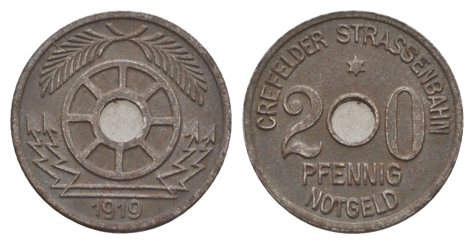 Крефельд 20 пфеннигов 1919 Men05 4697.3, Men18 5908.3 железо 4657-1057