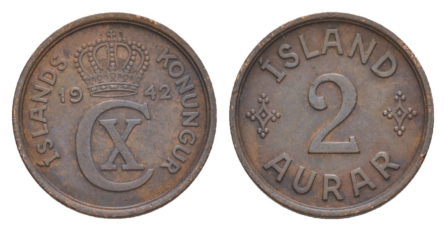Исландия 2 эйре 1942 KM 6 бронза 4632-929