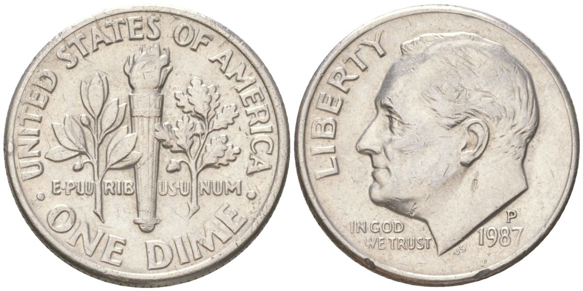США 10 центов (дайм) 1987 P, Рузвельт KM 195a медь плакированная медно-никелем 4613-824