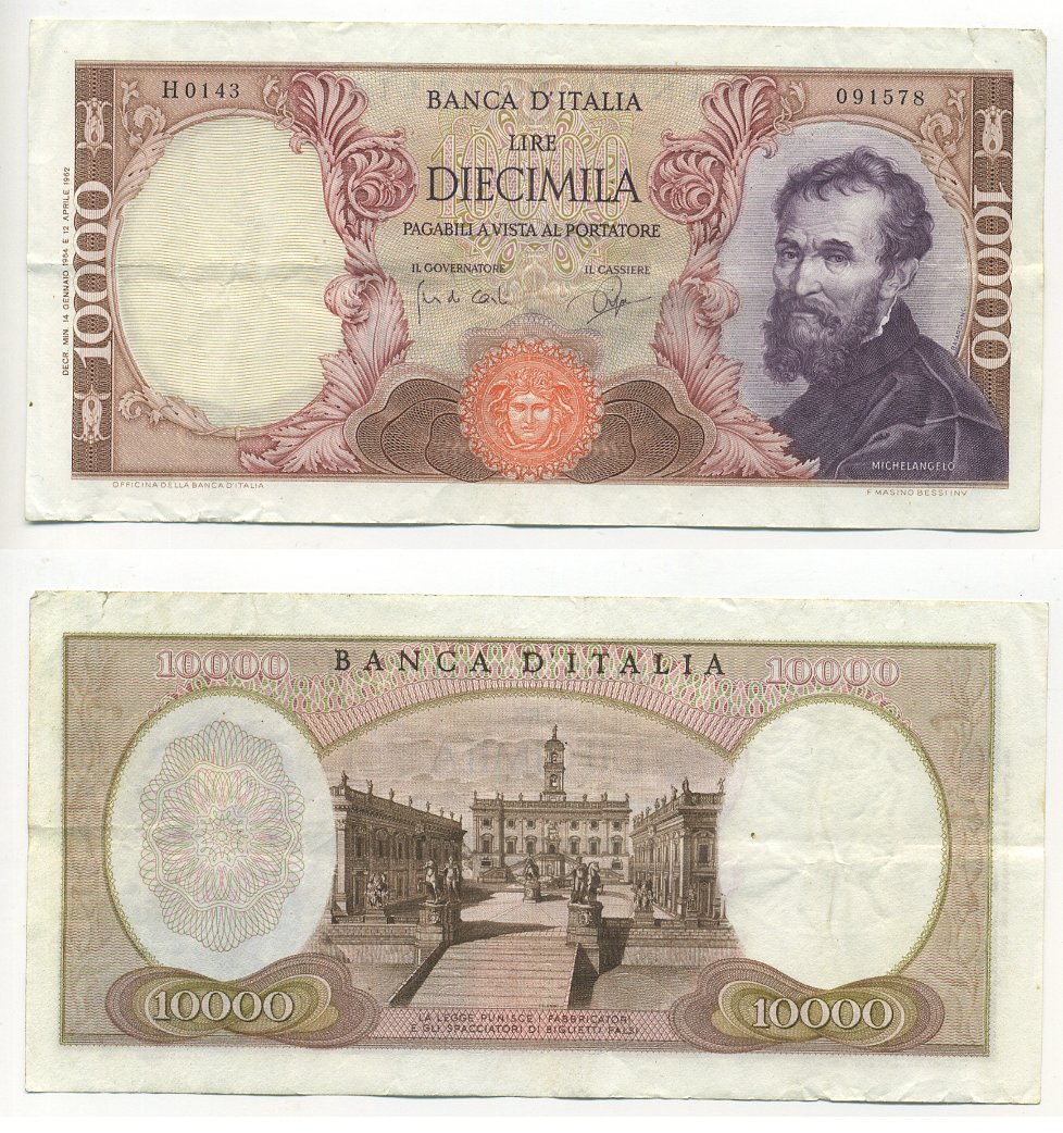 Италия 10000 лир 1962 Микеланджело Pick 97a бумага 6294-45-1