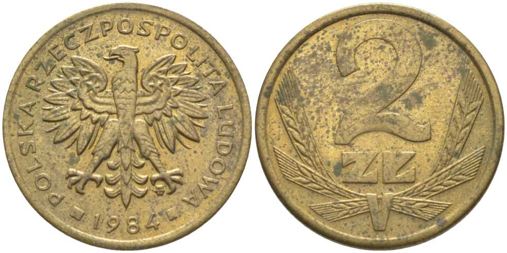 ПОЛЬША 2 ЗЛОТЫХ 1984 MW KM 80.1 латунь 117-312