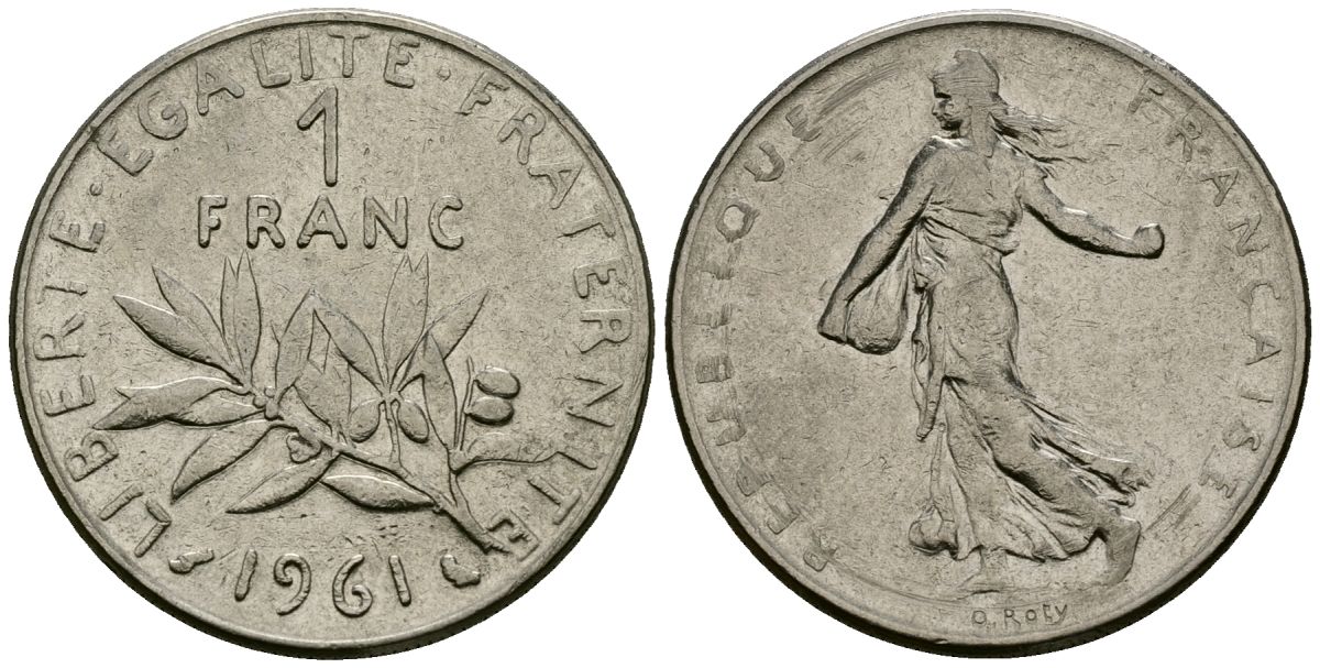 Франция 1 франк 1961 сеятель KM 925 никель 4135-817