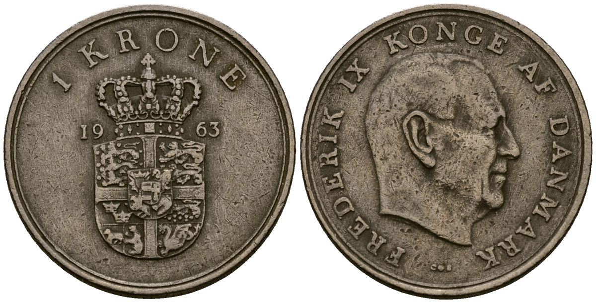 Дания 1 крона 1963 Фредерик IX (1947-1972) KM 852 медно-никель 4176-515
