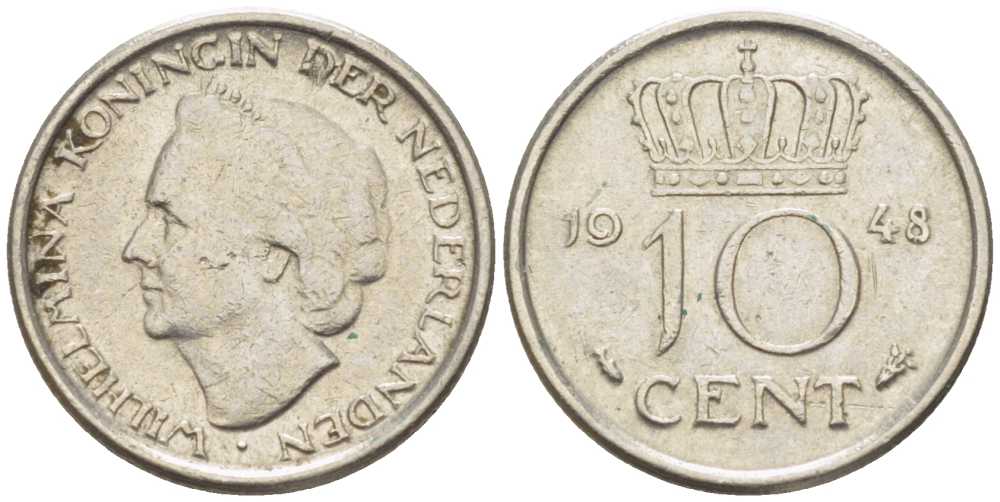 Нидерланды 10 центов 1948 Вильгельмина (1895-1948) KM 177 никель 214-1136