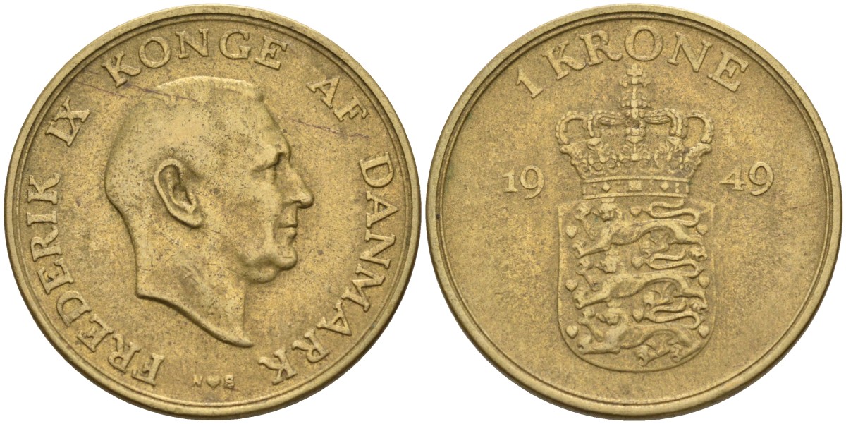 Дания 1 крона 1949 Фредерик IX (1947-1972) KM 837 алюминиевая бронза 4587-1122