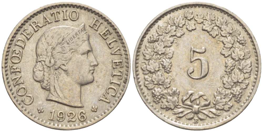 ШВЕЙЦАРИЯ 5 РАППЕНОВ 1926 В KM 26 медно-никель 211-1259
