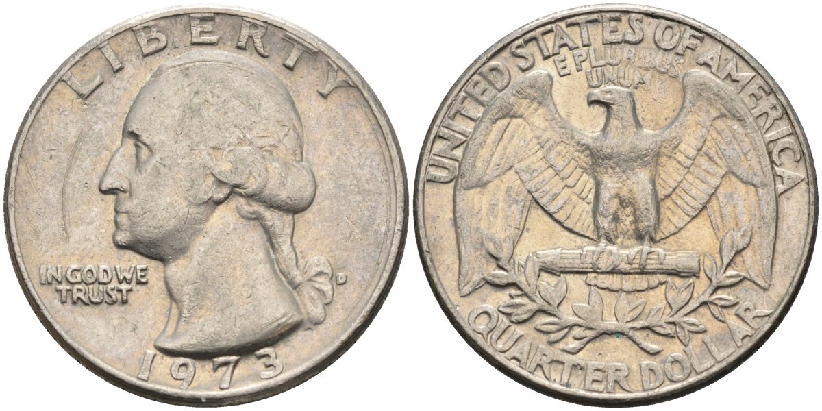 США 25 центов (квотер) 1973 D, Вашингтон KM 164a медь плакированная медно-никелем 4584-1026