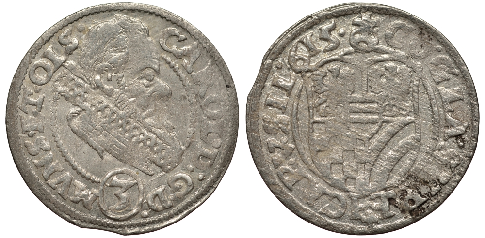 Силезия, Мюнстерберг, Олесница грошен (3 крейцера) 1615 Карл II серебро 413-1223