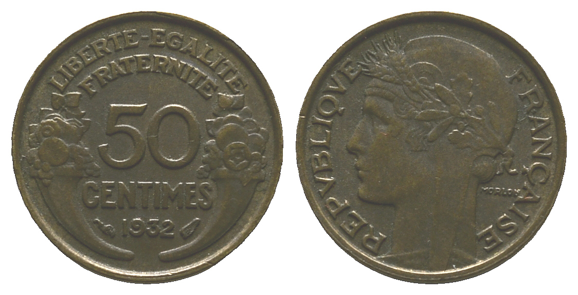 ФРАНЦИЯ 50 САНТИМОВ 1932 ТИП MORLON, OPEN 9, С ЯГОДОЙ KM 849.1, LE FRANC 192.7 алюминиевая бронза 261-343