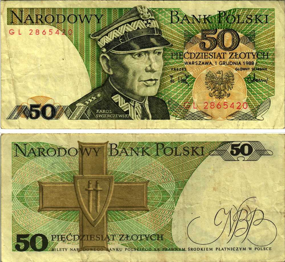 Польша 50 злотых 1988 Кароль Сверчевский, знак Грюнвальдского ордена Pick 142 c бумага 7484-20-2