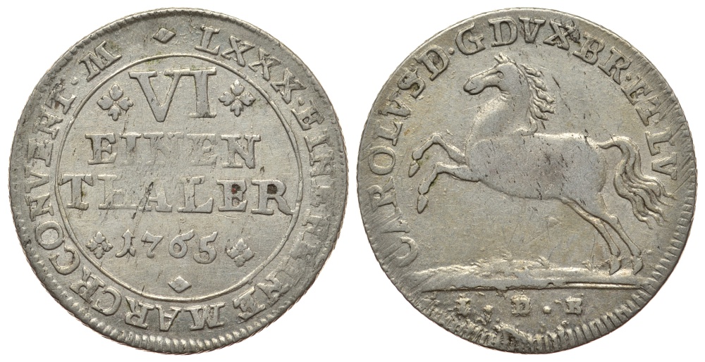 Брауншвейг-Вольфенбюттель 1/6 талера 1765 IDB, вес 5,13 гр. КМ 971 серебро 413-232
