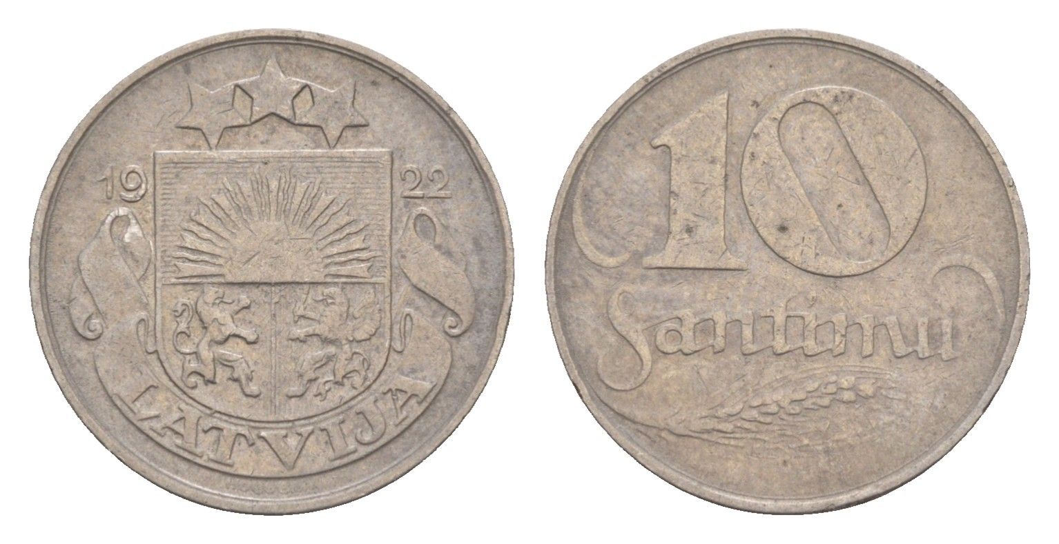 Латвия 10 сантимов 1922 год-тип KM 4 никель 4658-1232