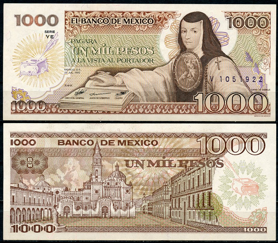 Мексика 1000 песо 1985 Хуана Инес де ла Крус, площадь Санто-Доминго серия YE Pick 85  бумага  UNC (пресс) 447-122-1