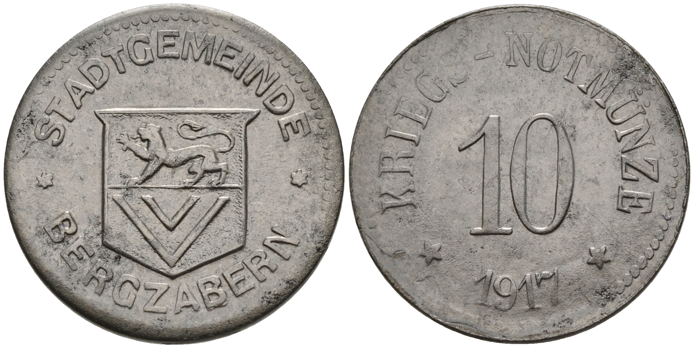 ГЕРМАНИЯ БЕРГЦАБЕРН 10 ПФЕННИГОВ 1917 КРИГСГЕЛЬД железо 75-1659