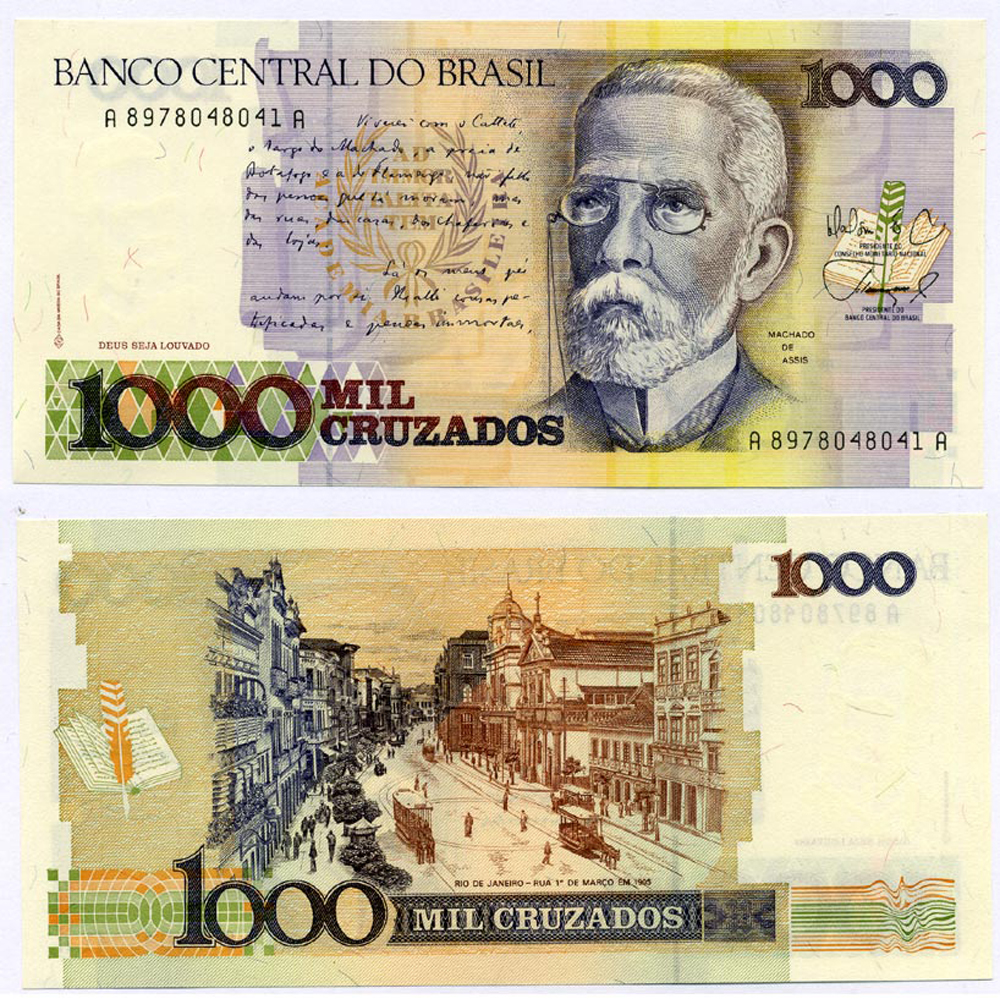 БРАЗИЛИЯ 1000 КРУЗАДО 1988 МАЧАДО де АССИС, ПОПИСЬ 26, СЕРИЯ А Pick 213b бумага UNC (ПРЕСС) 8611-37-1-2