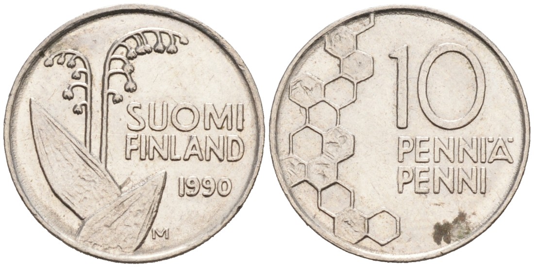 ФИНЛЯНДИЯ 10 ПЕННИ 1990 М, ЛАНДЫШ KM 65 медно-никель 192-1138