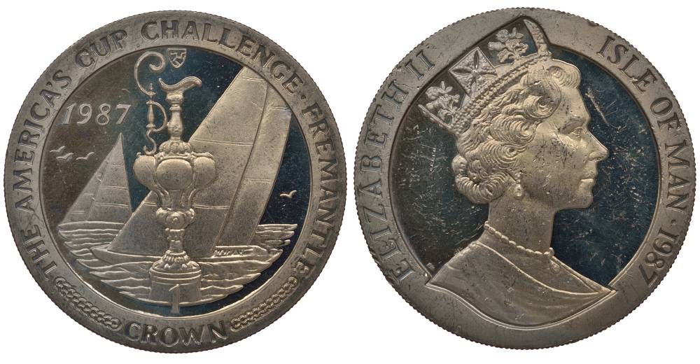 ОСТРОВ МЭН 1 КРОНА 1987 РЕГАТА ЧЕЛЛЕНДЖЕР НА КУБОК АМЕРИКИ, КУБОК И ЯХТЫ, ФРИМАНТЛ ЗАПАДНАЯ АВСТРАЛИЯ KM 183 медно-никель UNC 00-00