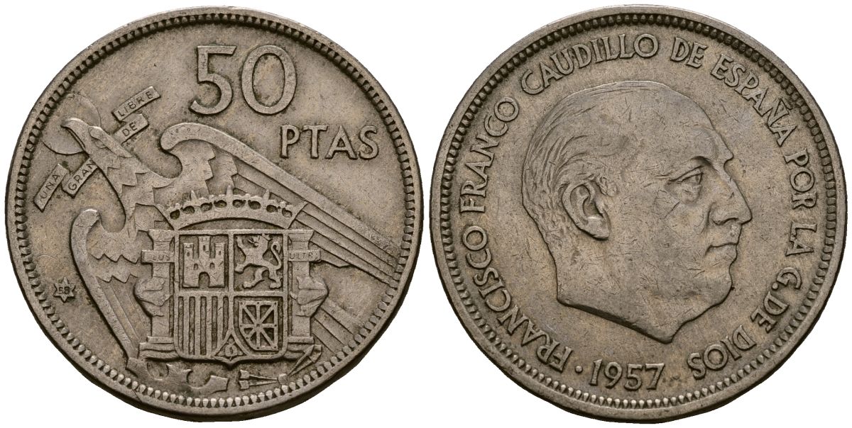 Испания 50 песет 1957 Франсиско Франко (1939 - 1975) KM 788 медно-никель 4168-1012
