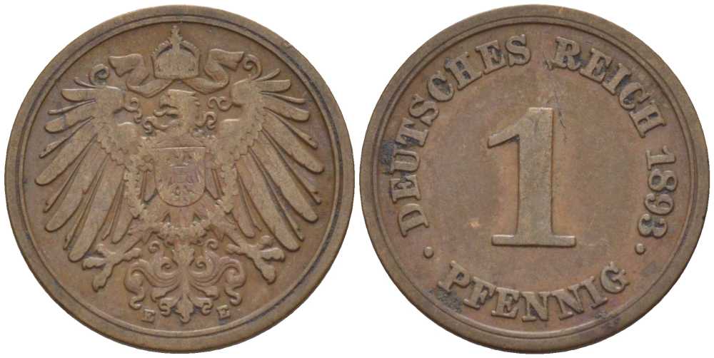 ГЕРМАНИЯ 1 ПФЕННИГ 1893 E KM 10, J. 10, Weege 2 медь 211-158